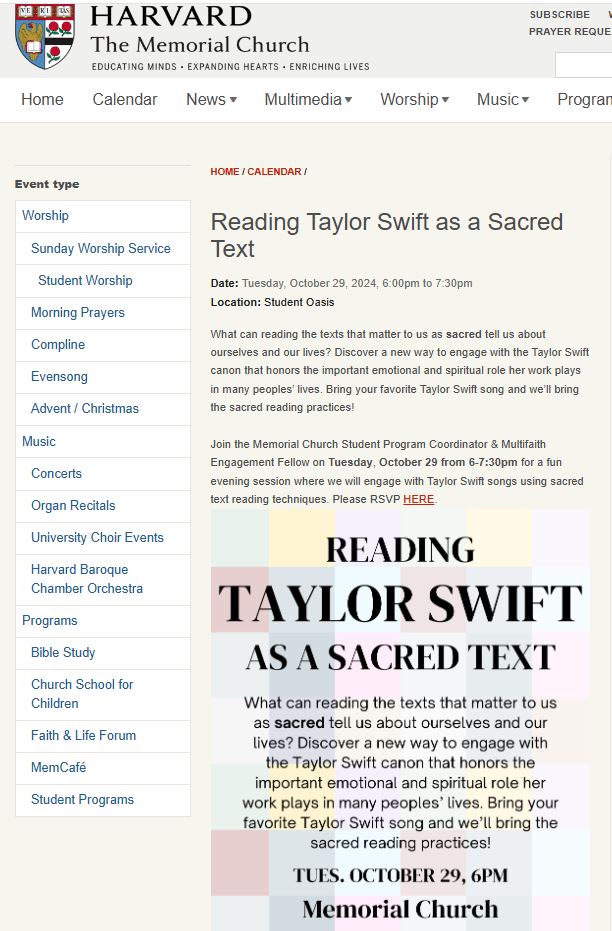 Harvard Memorial Church to host ‘Reading Taylor Swift as a Sacred Text’ event